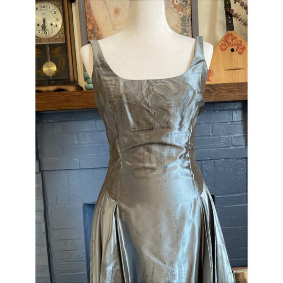 Carmen Marc Valvo Collection 8 Metallic Slate Blue Jacquard Silk Dress Lined - Picture 7 of 16